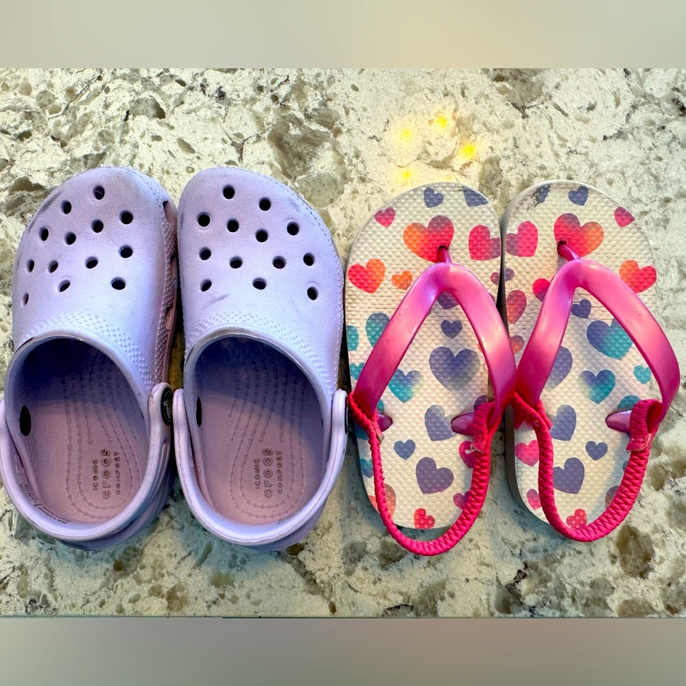 Purple Crocs Kids' Classic Clogs Size 9 & Hearts Sandals for Toddler Size 8/9